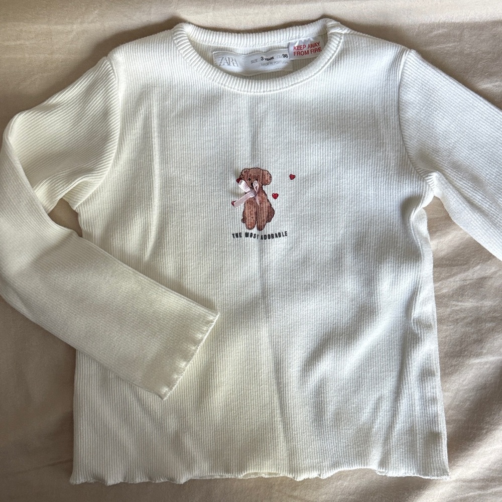 Zara Cream Ribbed Kids Long Sleeve with Bear Design